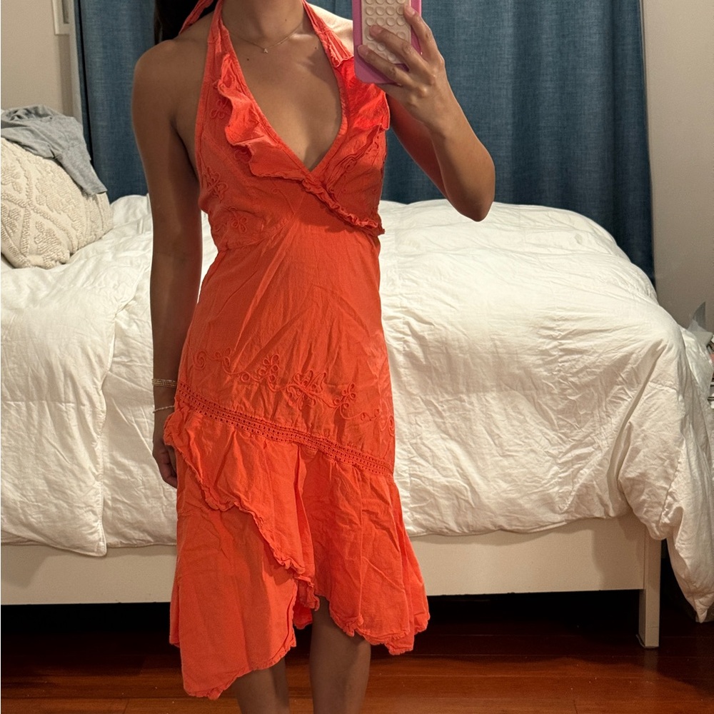Orange Ruffled V-Neck Sundress - Unbranded